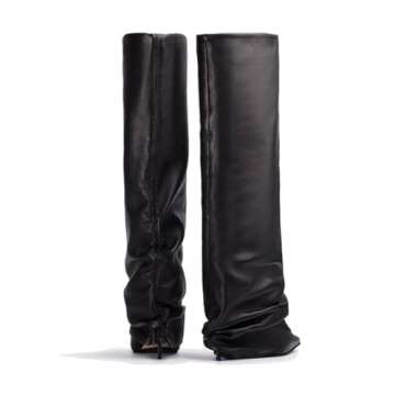 Goolita Women's Stiletto Heel Knee High Boots Pointed Toe Slip On Fold Over Boots For Women Sewing Leather Comfy Dress Boots