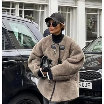 yoeasy Women's Collarless Button Down Sherpa Fleece Jacket Loose Long Sleeve Outwear Coat With Pockets (Large, Coffee)