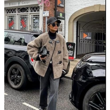 yoeasy Women's Collarless Button Down Sherpa Fleece Jacket Loose Long Sleeve Outwear Coat With Pockets (Large, Coffee)