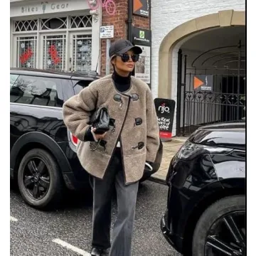 yoeasy Women's Collarless Button Down Sherpa Fleece Jacket Loose Long Sleeve Outwear Coat With Pockets (Large, Coffee)