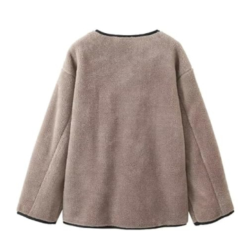 yoeasy Women's Collarless Button Down Sherpa Fleece Jacket Loose Long Sleeve Outwear Coat With Pockets (Large, Coffee)