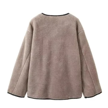 yoeasy Women's Collarless Button Down Sherpa Fleece Jacket Loose Long Sleeve Outwear Coat With Pockets (Large, Coffee)