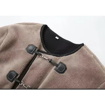 yoeasy Women's Collarless Button Down Sherpa Fleece Jacket Loose Long Sleeve Outwear Coat With Pockets (Large, Coffee)