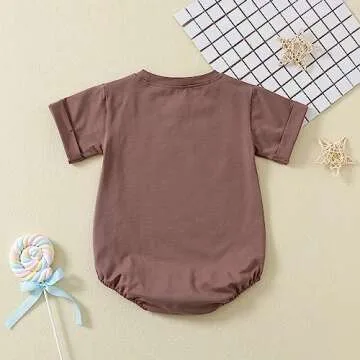 Jimonda Baby Boy Girl Bubble Romper Solid Color Bodysuit Short Sleeve Organic Cotton T-Shirt Outfits Funny Clothes Summer Tops（Brown，18-24M）