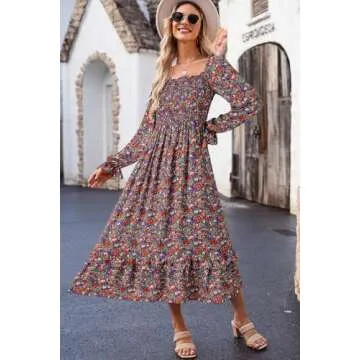 Dokotoo Women's Summer Smocked Elastic Waist Tiered Maxi Dress Casual Boho Floral Square Neck Long Sleeve Ruffle Hem Beach Long Dresses with Pockets Multicolour Large