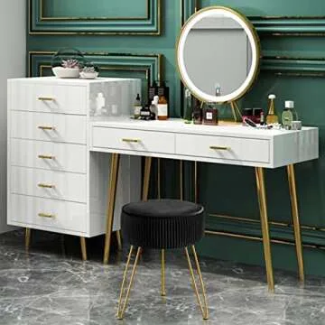 GERANT Multifunctional Vanity Stool,Modern Vanity Stools for Makeup Room,Velvet Round Ottoman Footrest Stool with Metal Legs, Upholstered Pleated Vanity Chair Stool for Living Room,Offices(Black)