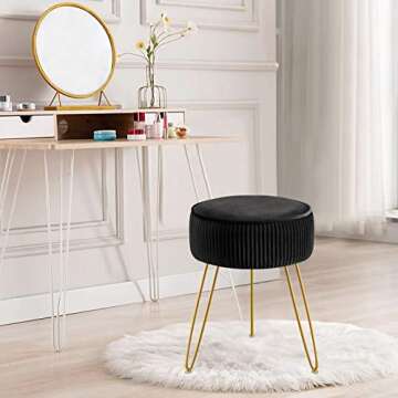 GERANT Multifunctional Vanity Stool,Modern Vanity Stools for Makeup Room,Velvet Round Ottoman Footrest Stool with Metal Legs, Upholstered Pleated Vanity Chair Stool for Living Room,Offices(Black)