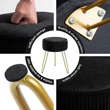GERANT Multifunctional Vanity Stool,Modern Vanity Stools for Makeup Room,Velvet Round Ottoman Footrest Stool with Metal Legs, Upholstered Pleated Vanity Chair Stool for Living Room,Offices(Black)