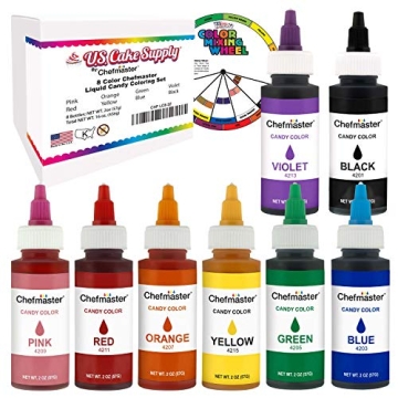 U.S. Cake Supply Large 2-ounce Bottles of each Liquid Candy Food Color 8 Bottle Kit with Mixing Whee...