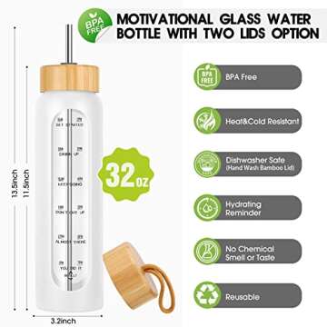 SipZest 32 oz Glass Water Bottle with Straw - Motivational Glass Water Bottle with Time Marker & Sil...
