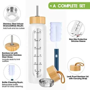 SipZest 32 oz Glass Water Bottle with Straw - Motivational Glass Water Bottle with Time Marker & Silicone Sleeve - Reusable Glass Tumbler Includes 2 Bamboo Lids & Fruit Infuser - 1 Pack