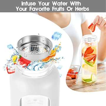 SipZest 32 oz Glass Water Bottle with Straw - Motivational Glass Water Bottle with Time Marker & Silicone Sleeve - Reusable Glass Tumbler Includes 2 Bamboo Lids & Fruit Infuser - 1 Pack