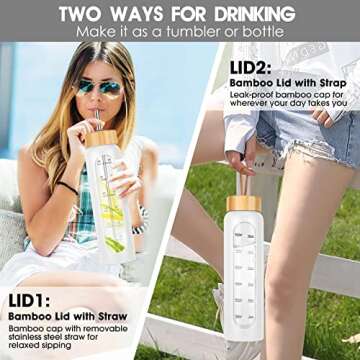 SipZest 32 oz Glass Water Bottle with Straw - Motivational Glass Water Bottle with Time Marker & Silicone Sleeve - Reusable Glass Tumbler Includes 2 Bamboo Lids & Fruit Infuser - 1 Pack