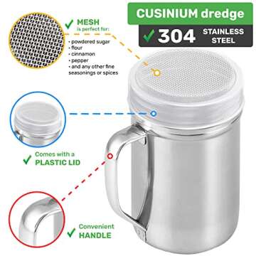 CUSINIUM Large Powdered Sugar Shaker Duster - With Handle - Cinnamon Shaker For Coffee Bar- Fine Mesh Dredge - 14 ounce, pack of 2 | Style: Fine