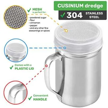 CUSINIUM Large Powdered Sugar Shaker Duster - With Handle - Cinnamon Shaker For Coffee Bar- Fine Mesh Dredge - 14 ounce, pack of 2 | Style: Fine