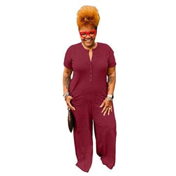 BFFBABY Plus Size Jumpsuits for Women Casual Short Sleeve Button-Down Loose Solid Stretchy Wide Leg ...
