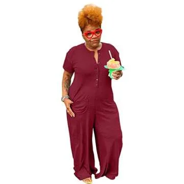BFFBABY Plus Size Jumpsuits for Women Casual Short Sleeve Button-Down Loose Solid Stretchy Wide Leg Long Romper Loungewear