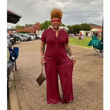 BFFBABY Plus Size Jumpsuits for Women Casual Short Sleeve Button-Down Loose Solid Stretchy Wide Leg Long Romper Loungewear