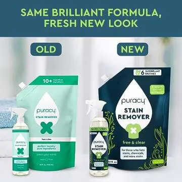 Puracy Stain Remover Cleaning Spray - Enzyme-Powered Stain Remover Spray As Seen on TikTok, Natural Travel Stain Remover for Clothes (Free & Clear, 48 fl oz + 16 fl oz)