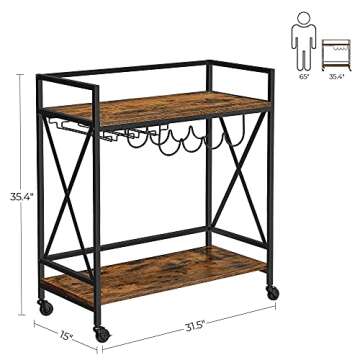 VASAGLE Bar Cart, Serving Cart, Mobile Kitchen Shelf with Glass Stemware Rack and Wine Bottle Holder...