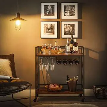 VASAGLE Bar Cart, Serving Cart, Mobile Kitchen Shelf with Glass Stemware Rack and Wine Bottle Holders, Industrial, Rustic Brown and Black ULRC088B01