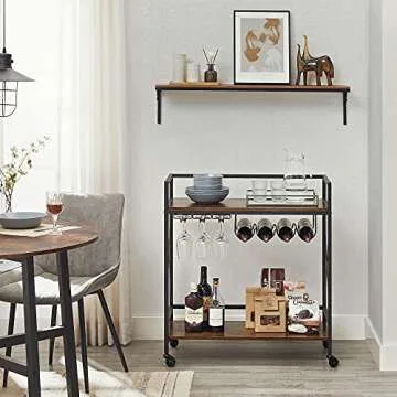 VASAGLE Bar Cart, Serving Cart, Mobile Kitchen Shelf with Glass Stemware Rack and Wine Bottle Holders, Industrial, Rustic Brown and Black ULRC088B01