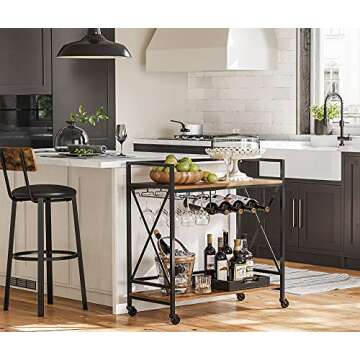 VASAGLE Bar Cart, Serving Cart, Mobile Kitchen Shelf with Glass Stemware Rack and Wine Bottle Holders, Industrial, Rustic Brown and Black ULRC088B01