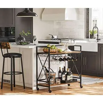 VASAGLE Bar Cart, Serving Cart, Mobile Kitchen Shelf with Glass Stemware Rack and Wine Bottle Holders, Industrial, Rustic Brown and Black ULRC088B01