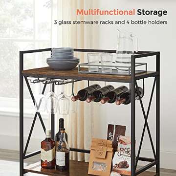 VASAGLE Bar Cart, Serving Cart, Mobile Kitchen Shelf with Glass Stemware Rack and Wine Bottle Holders, Industrial, Rustic Brown and Black ULRC088B01