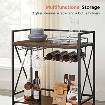 VASAGLE Bar Cart, Serving Cart, Mobile Kitchen Shelf with Glass Stemware Rack and Wine Bottle Holders, Industrial, Rustic Brown and Black ULRC088B01