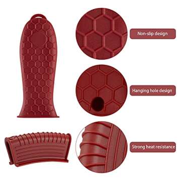 4 Pieces Silicone Hot Handle Holder, Heat Resistant Potholder Cookware Handle Non Slip Rubber Pot Holders Cast Iron Skillets Handles Grip Covers for Cast Iron Skillet (Red)