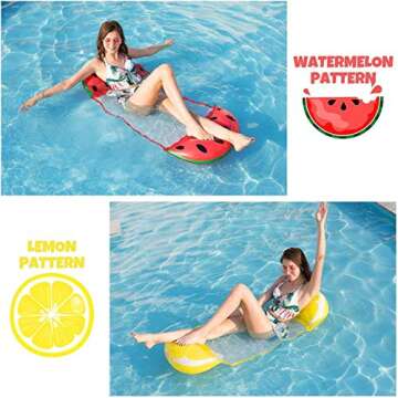 BECENBIN 2Packs Hammock Inflatable Pool Floats in Fruit Pattern, Multi-Purpose Comfortable Floating Chair for Adults&Kids with 2 Swim Rings&2 Cup Holders,Backyard Swimming Raft/Lounger Pool Accessory