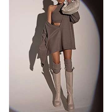 ECDAHICC Women's Two Piece Outfits Knitted Halter Neck Crop Tank Tops and Oversized Off Shoulder Dee...