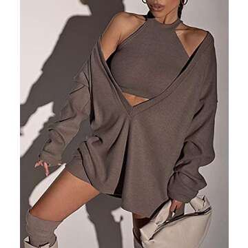 ECDAHICC Women's Two Piece Outfits Knitted Halter Neck Crop Tank Tops and Oversized Off Shoulder Deep V Neck Pullover Sweater (BR,S)