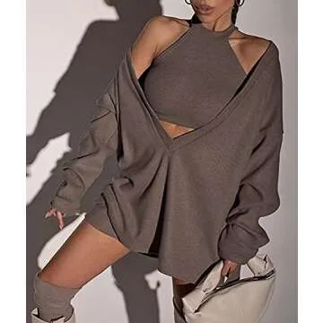 ECDAHICC Women's Two Piece Outfits Knitted Halter Neck Crop Tank Tops and Oversized Off Shoulder Deep V Neck Pullover Sweater (BR,S)