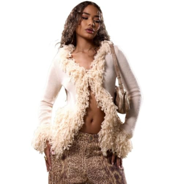 LXXWMxBH Women Autumn Winter Sweaters Fur Trim Knit Jacket(Small)