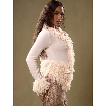 LXXWMxBH Women Autumn Winter Sweaters Fur Trim Knit Jacket