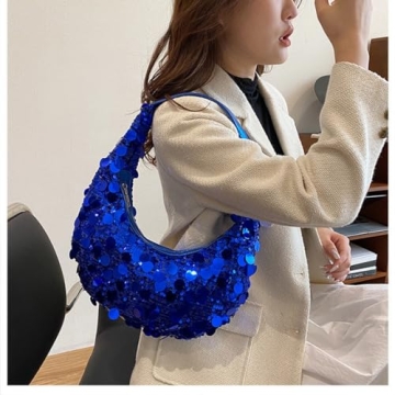 Women's Blue Sequin Tote Bag - Fashionable Evening Purse