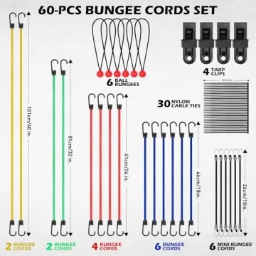 60-Piece Heavy Duty Bungee Cords Assorted Sizes for All Uses