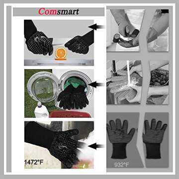 Comsmart BBQ Gloves, 1472 Degree F Heat Resistant Grilling Gloves Silicone Non-Slip Oven Gloves Long...