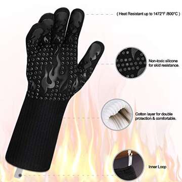 Comsmart BBQ Gloves, 1472 Degree F Heat Resistant Grilling Gloves Silicone Non-Slip Oven Gloves Long Kitchen Gloves for Barbecue, Cooking, Baking, Cutting