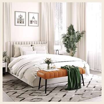 LUE BONA 44.5” End of Bed Bench, Faux Leather Tufted Upholstered Bedroom/Modern Ottoman Bench with Metal Legs for Living Room, Entryway, Dining Room, 300LB, Whiskey Brown