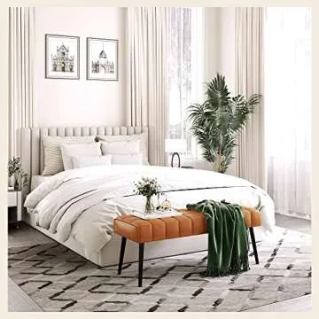 LUE BONA 44.5” End of Bed Bench, Faux Leather Tufted Upholstered Bedroom/Modern Ottoman Bench with Metal Legs for Living Room, Entryway, Dining Room, 300LB, Whiskey Brown