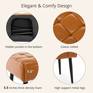 LUE BONA 44.5” End of Bed Bench, Faux Leather Tufted Upholstered Bedroom/Modern Ottoman Bench with Metal Legs for Living Room, Entryway, Dining Room, 300LB, Whiskey Brown