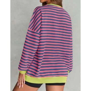 ZESICA Womens Casual Striped Pullover Tops Long Sleeve Shirts Crewneck Oversized Sweatshirts Spring Clothes,Rose,Medium