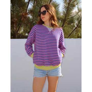 ZESICA Womens Casual Striped Pullover Tops Long Sleeve Shirts Crewneck Oversized Sweatshirts Spring Clothes,Rose,Medium