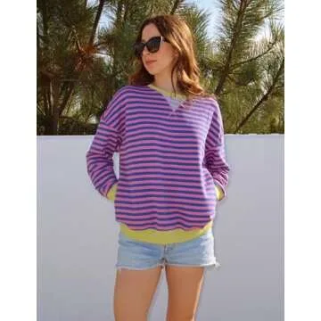 ZESICA Womens Casual Striped Pullover Tops Long Sleeve Shirts Crewneck Oversized Sweatshirts Spring Clothes,Rose,Medium