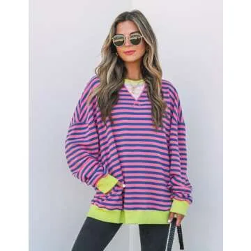 ZESICA Womens Casual Striped Pullover Tops Long Sleeve Shirts Crewneck Oversized Sweatshirts Spring Clothes,Rose,Medium