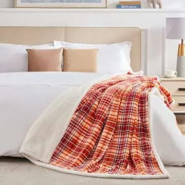 Touchat Sherpa Halloween Plaid Throw Blanket(60" X 70", Plaid Orange), Fuzzy Fluffy Cozy Soft Blanket, Fleece Flannel Plush Twin Size Microfiber Blanket for Couch Bed Sofa