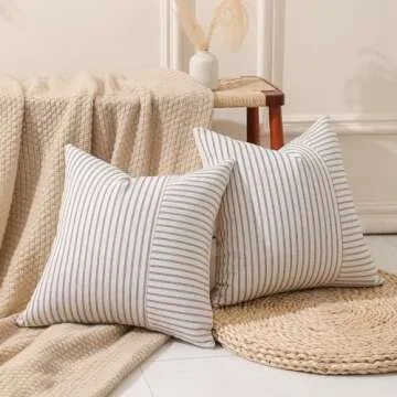 Hckot Grey and Beige Patchwork Farmhouse Throw Pillow Covers 20 x 20 Inch, Pack of 2 Striped Linen D...